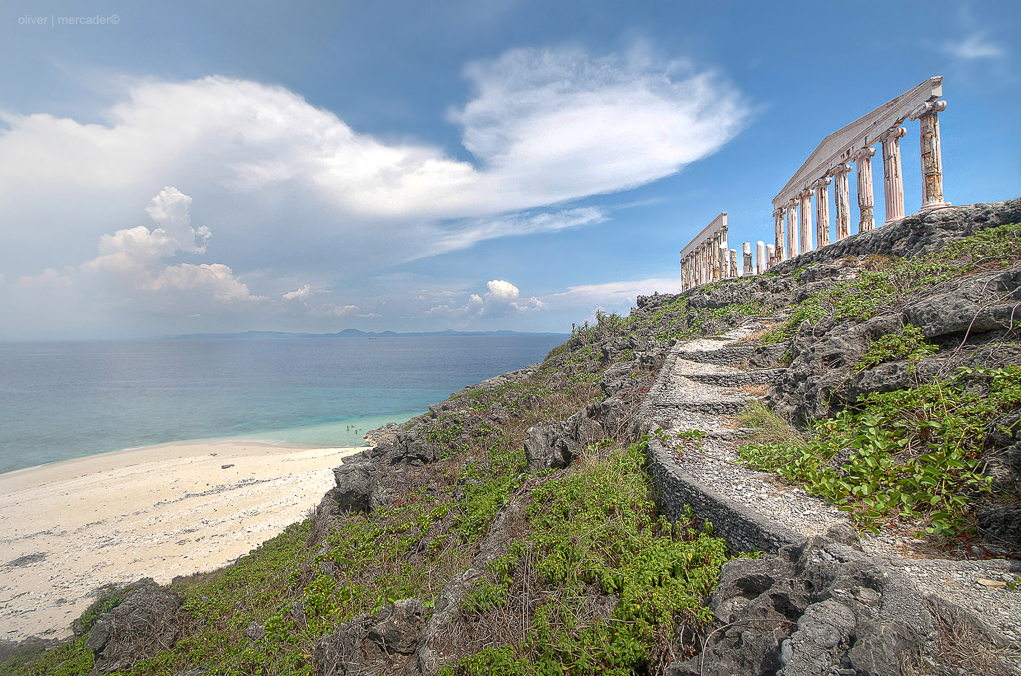 Fortune Island Camping on Fortune Island, showing the Greek-style ruins on the island